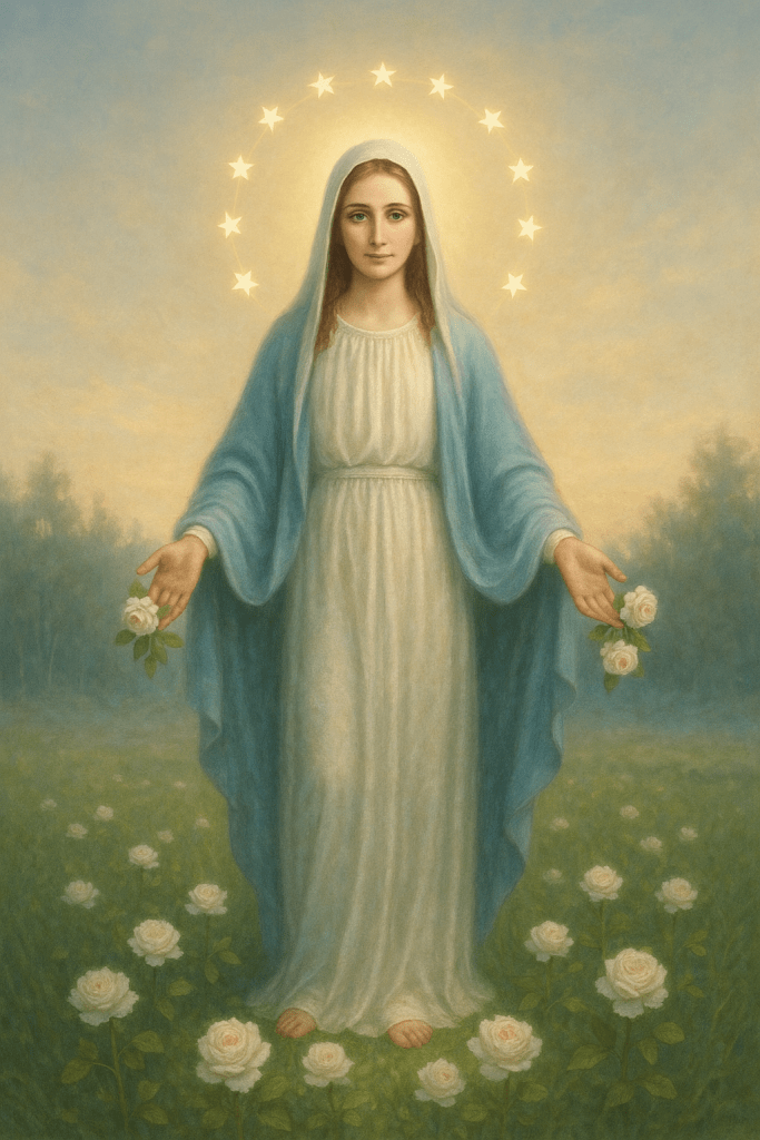 Allora, Madonna Immacolata con aureola di stelle, simbolo di grazia divina, spirituale, cristiana, devozione Mariana, preghiera del rosario