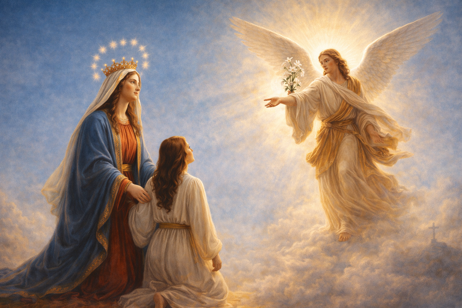Vergine Maria, inginocchiata con corona di 12 stelle davanti all'angelo del signore, nel momento della consacrazione a Dio