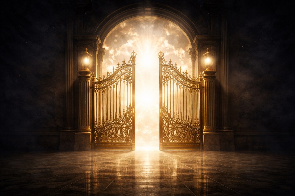 Porta luminosa, cielo, apertura, luce divina, salvezza, protezione, preghiera per il paradiso