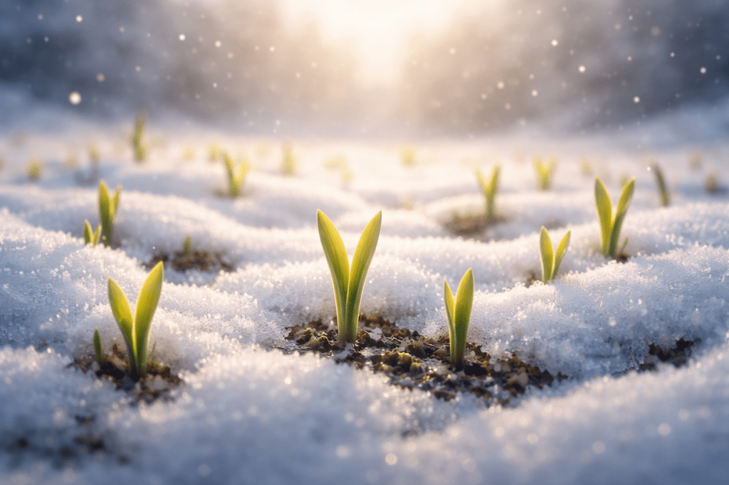 Allora, germogli che nascono dalla neve, simbolo di gratitudine, rinascita e dono ricevuto da Dio