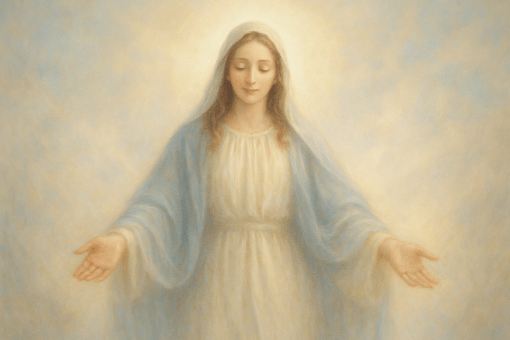 Vergine Maria, immagine sacra simbolo di protezione, misericordia, aiuto spirituale nelle preghiere cristiane