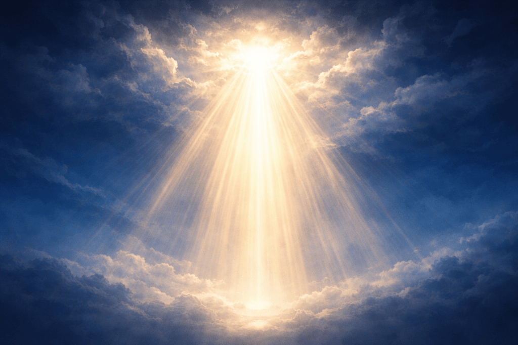 Luce divina dal cielo tra le nuvole, simbolo della grazia di Dio e della presenza dello spirito Santo meditazione cristiana per il rosario misteri della grazia divina
