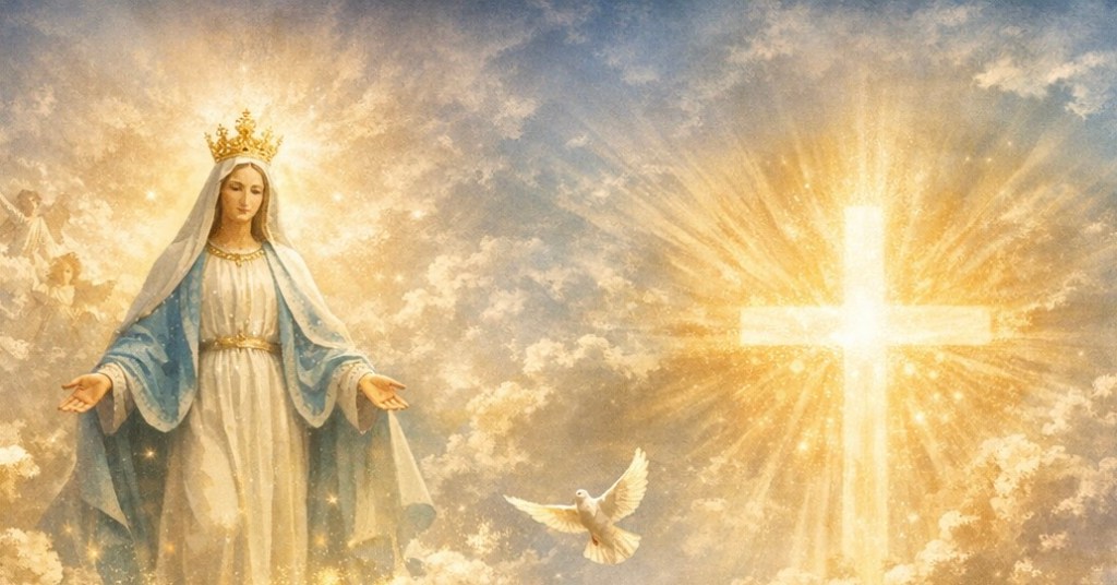 Madonna luminosa con croce splendente immagine sacra del Salve Regina e della preghiera Mariana