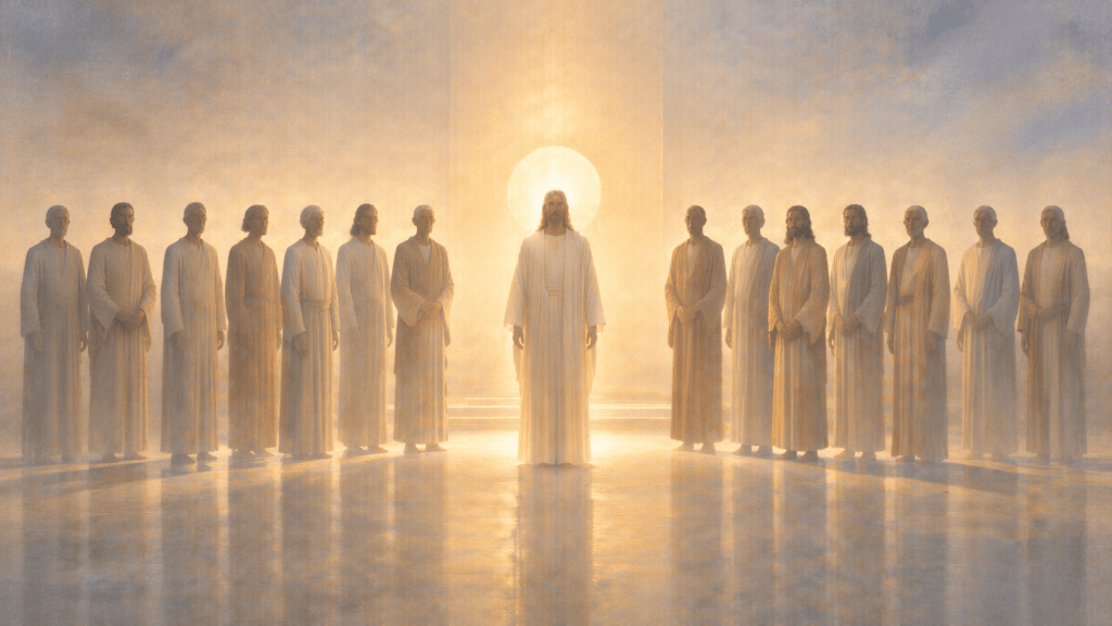apostoli con Gesù Cristo al centro fondamento della fede cristiana immagine simbolica credo apostolico origine della Chiesa