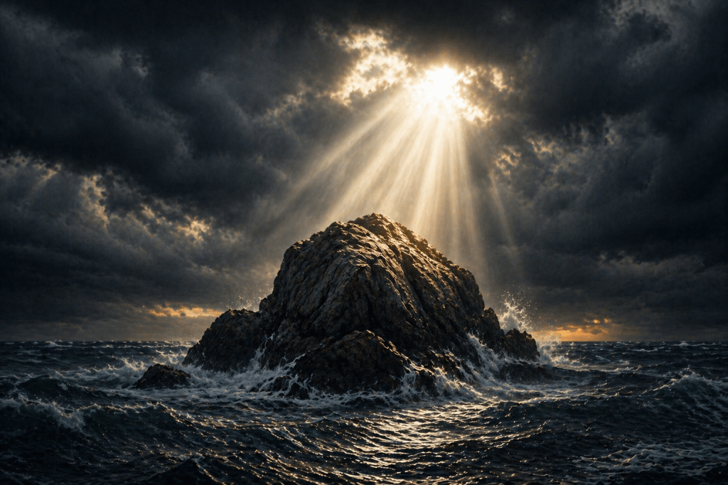Roccia illuminata da un raggio di luce in mezzo al mare in tempesta, simbolo di forze e fiducia contro la paura