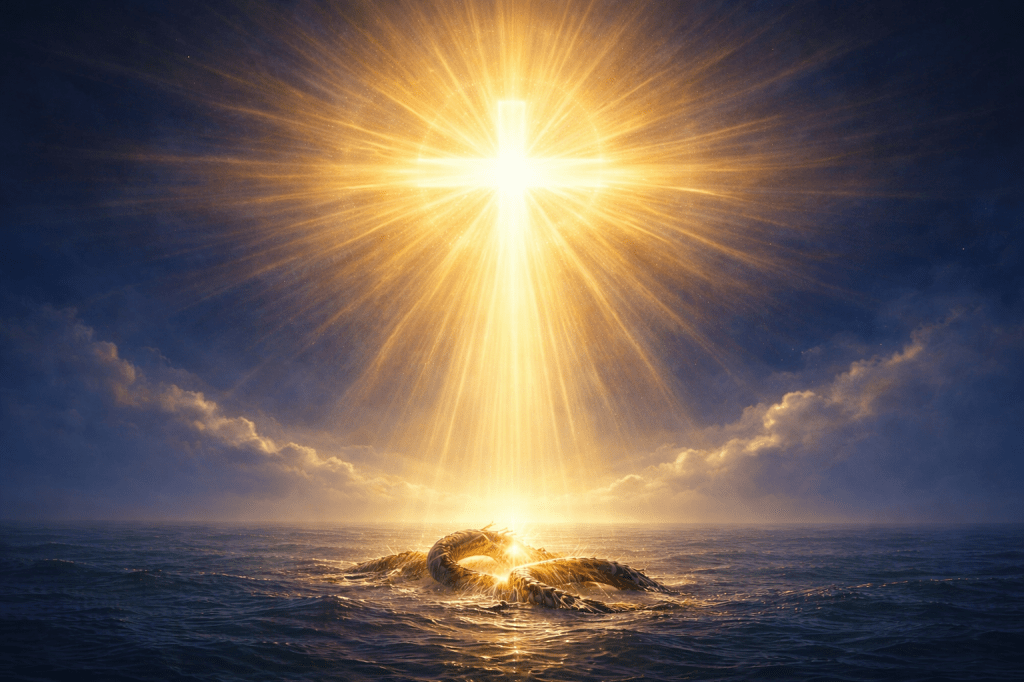 Luce divina che illumina il mare, vince il serpente, simbolo della potenza e della pietà di Dio