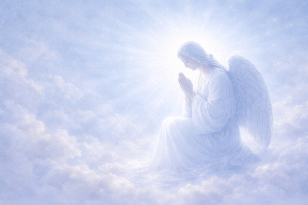 Angelo in preghiera nella luce del cielo, immagine spirituale cristiana, simbolo di devozione, contemplazione e protezione divina