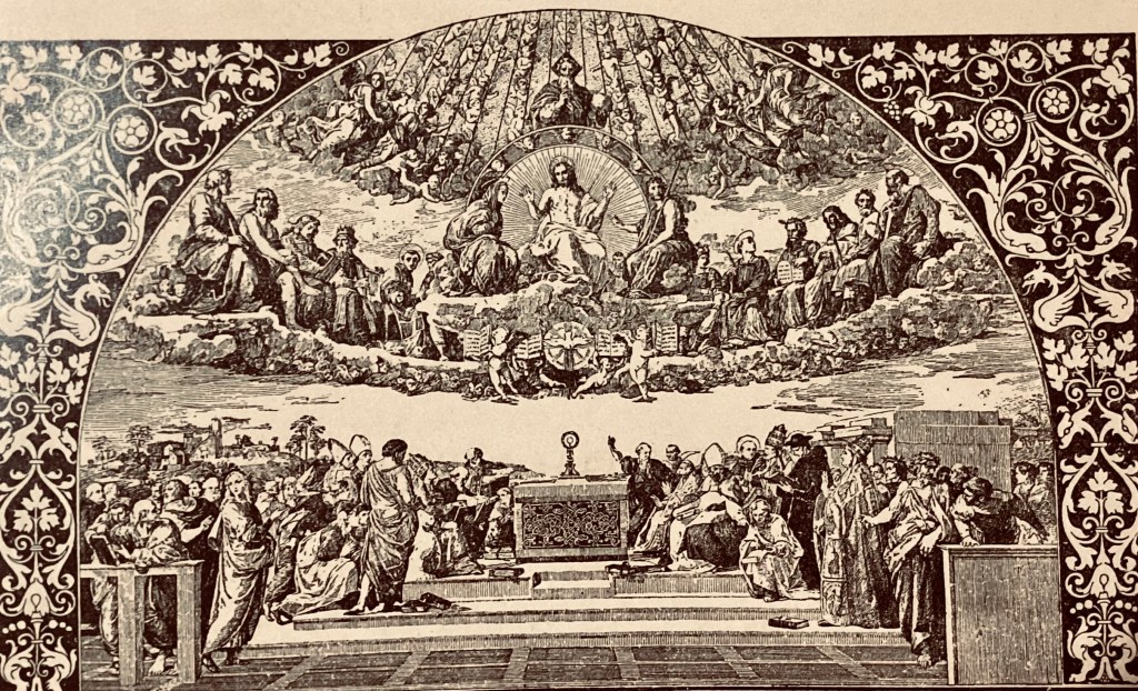 Illustrazione sacra antica, con santi riuniti attorno all'altare nella tradizione cristiana