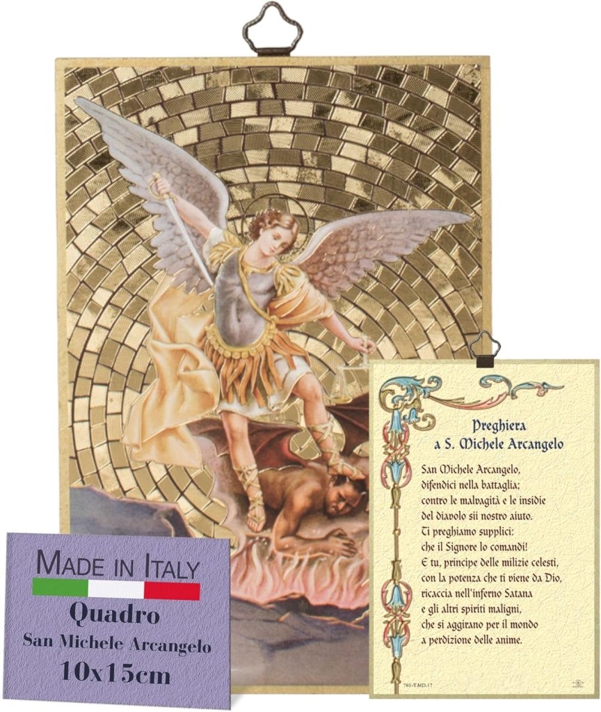 Quadro in legno con San Michele Arcangelo e preghiera dedicata in italiano da parete