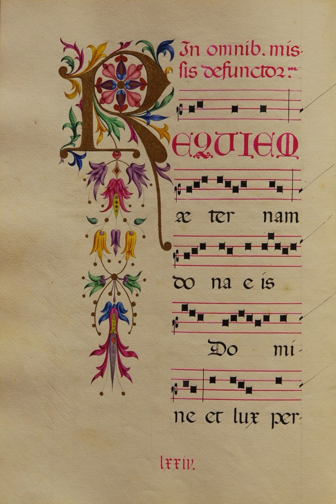 requiem aeternum spartito gregoriano, antico, manoscritto Miniato preghiera eterno, riposo latino per i defunti