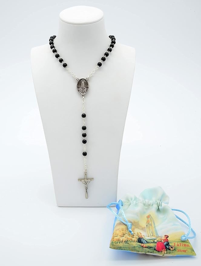 Rosario legno nero con immagine della Madonna di Fatima per la preghiera e la meditazione cristiana