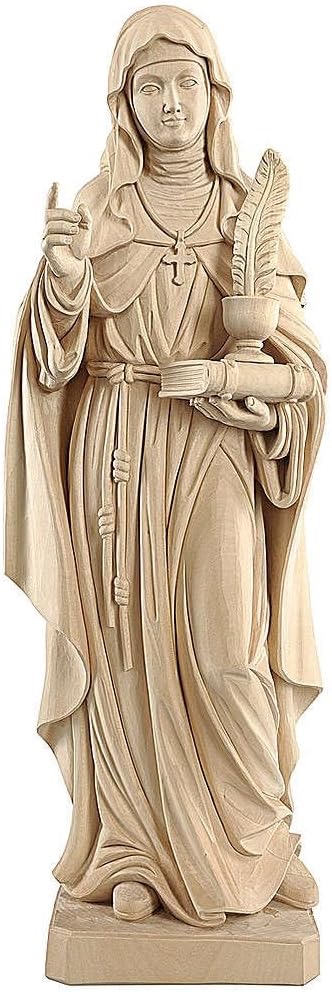 Statua di Santa Gertrude in legno di acero scolpito della Val Gardena, immagine sacra per devozione e preghiera cristiana
