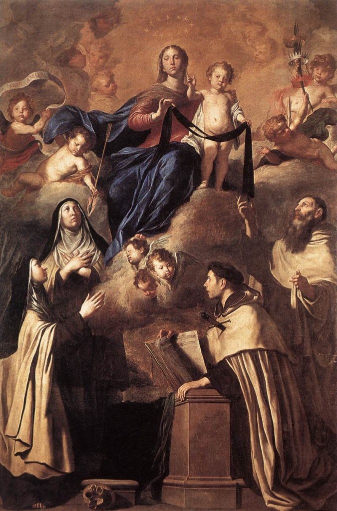 Nostra Signora del Monte Carmelo consegna lo scapolare dell'ordine ai santi Simone Stock, Angelo da Gerusalemme, Maria Maddalena de' Pazzi e Teresa d'Avila: dipinto di Pietro Novelli.