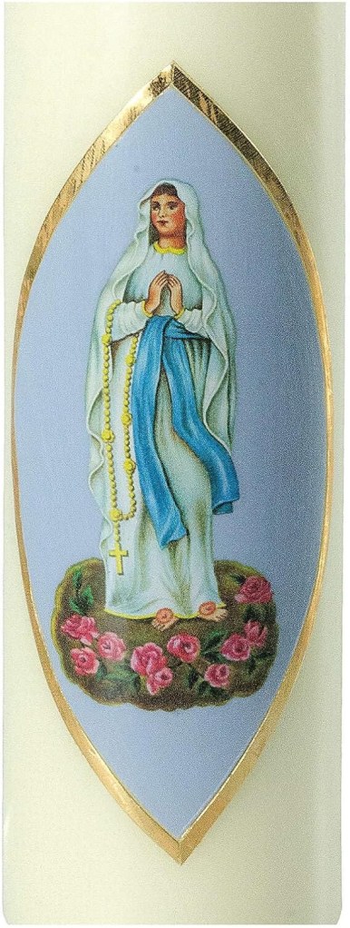 Candela votiva con immagine della Madonna di Lourdes, simbolo di preghiera e affidamento alla Vergine Maria