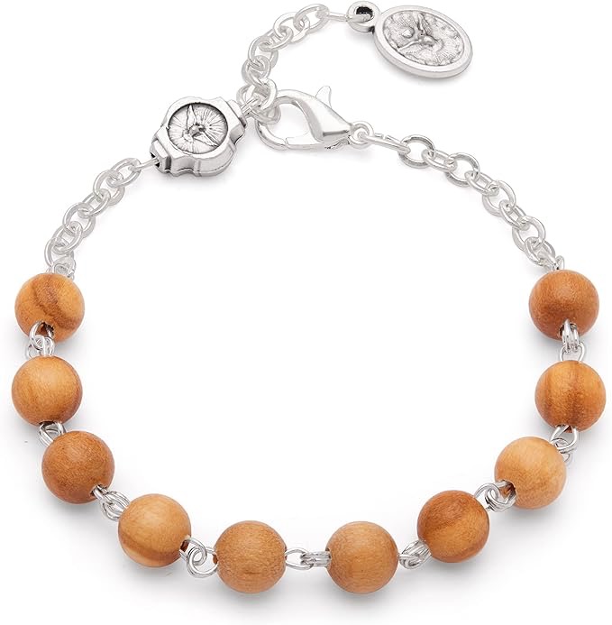 Rosario, bracciale con perle in legno  di ulivo e simbolo dello Spirito Santo per la preghiera  allo Spirito Santo
