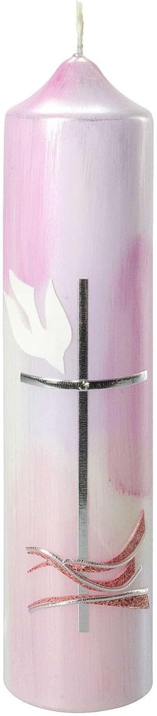 Candela votiva rosa con simbolo dello spirito Santo ideale per la preghiera, raccoglimento e invocazione dello spirito Santo adatta per battesimo