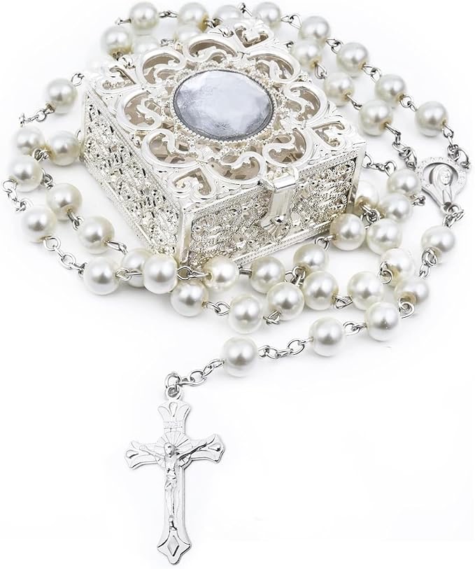 Rosario cattolico con scatola decorata, ideale per la preghiera personale e la dominazione cristiana