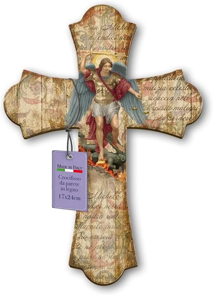 Crocifisso in legno con San Michele Arcangelo, protezione spirituale, casa contro il diavolo