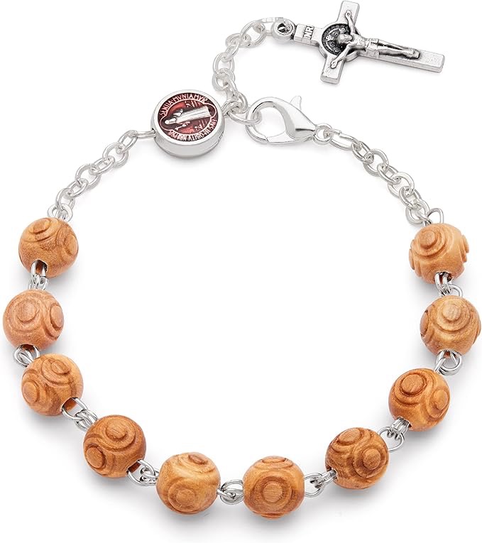 Rosario, bracciale in legno di olivo, simbolo di fede cristiana, preghiera continua, devozione religiosa con medaglia di San Benedetto