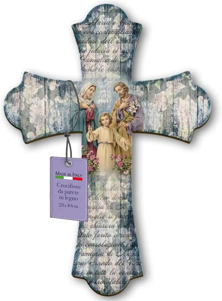 Croce da parete cattolica  con immagine Sacra Famiglia ideale come regalo  per nuova casa