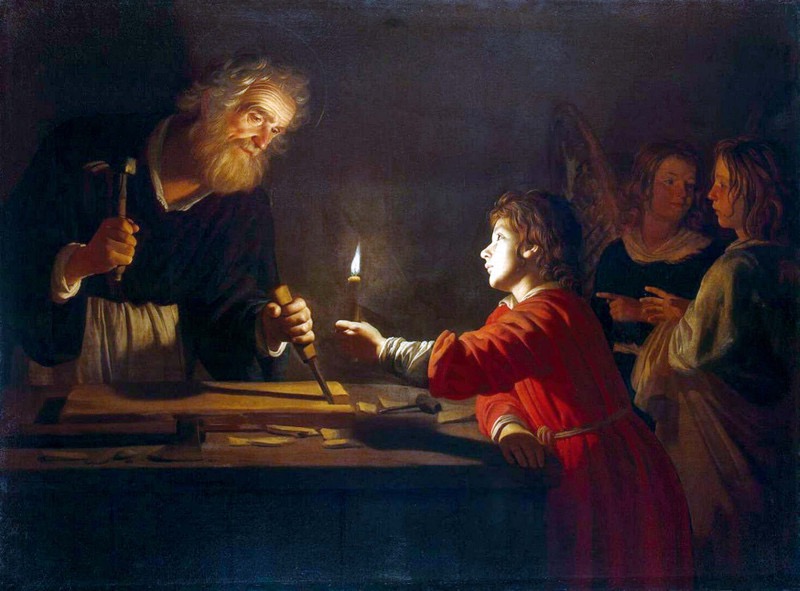 San Giuseppe con Gesù, bambino patrono del lavoro e della famiglia, immagine sacra simbolo di protezione sotto il suo sacro manto