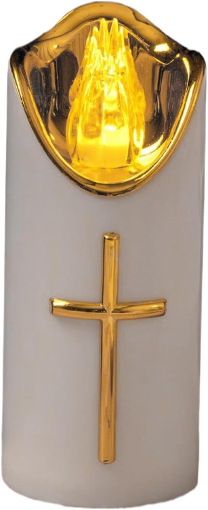 Candela con luce a LED ricaricabile con croce dorata adatta per esterno