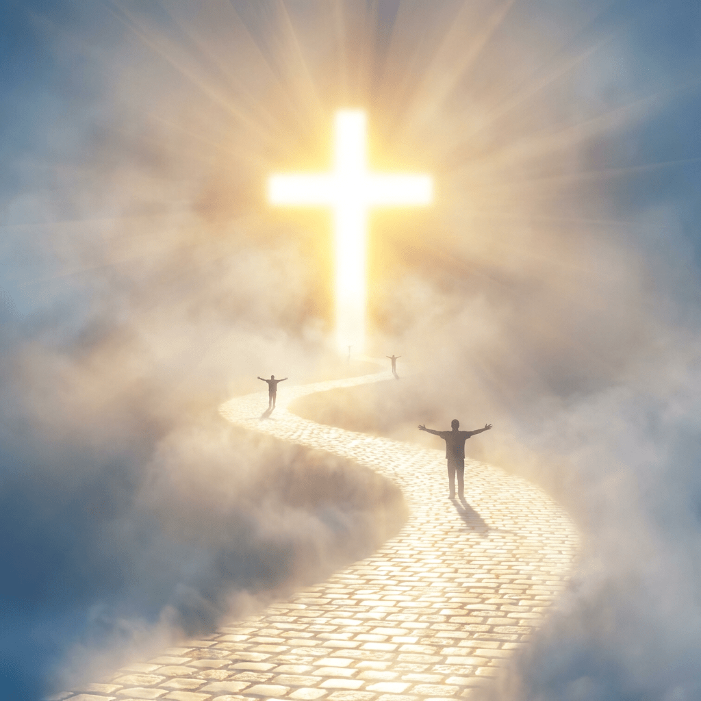 Croce luminosa nel cielo sopra un cammino di luce, simbolo della salvezza in Cristo e della speranza nella vita eterna