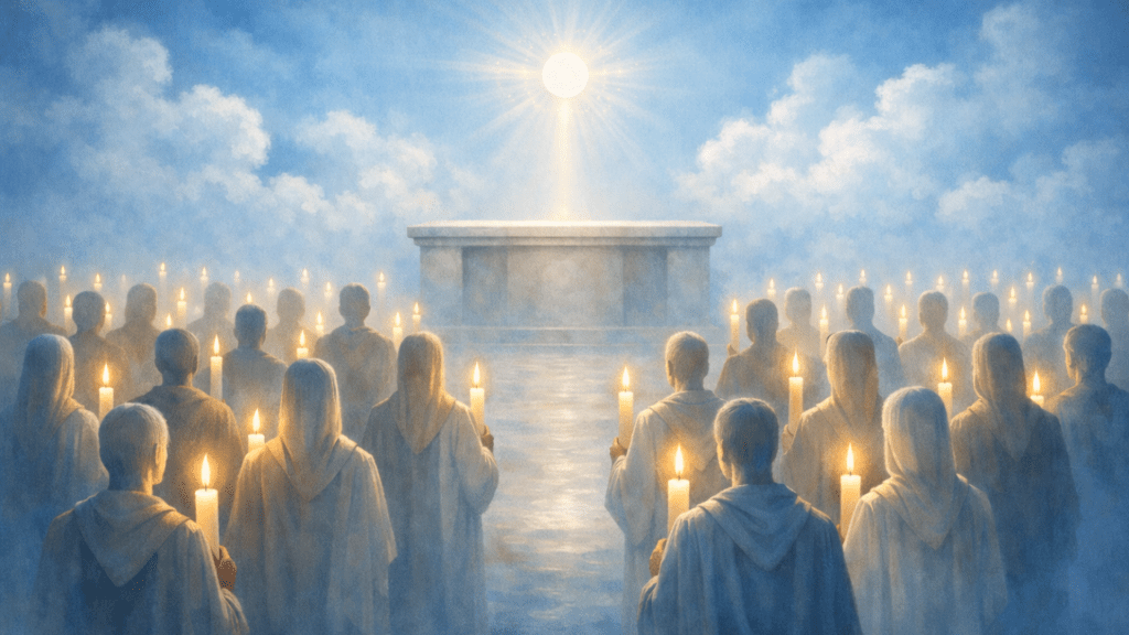 Anime in preghiera nella luce di Dio, immagine simbolica del paradiso per preghiere cristiane per i defunti