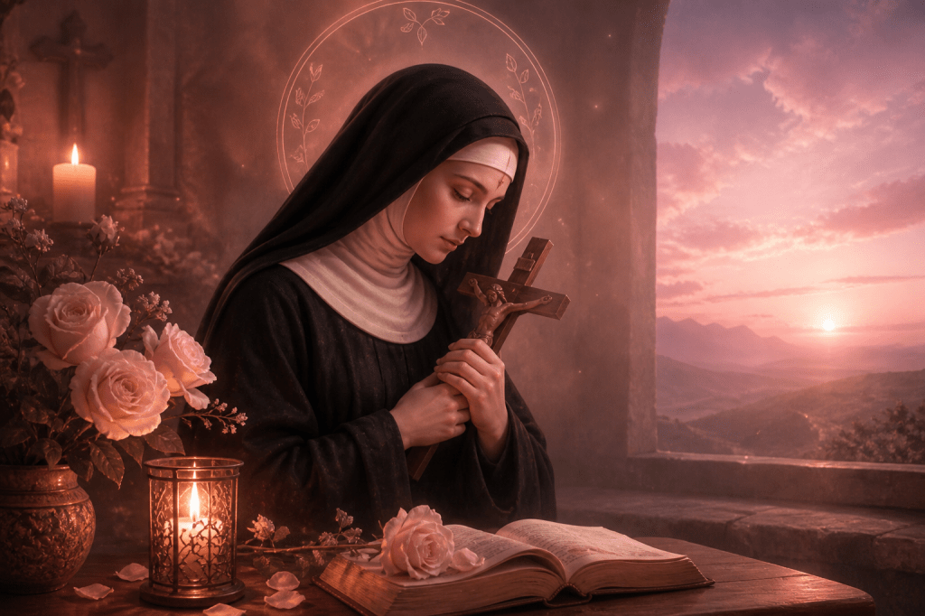 Santa Rita da Cascia in preghiera con crocifisso durante la novena per una grazia impossibile