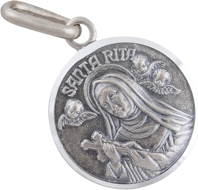 Ciondolo Santa Rita in argento, medaglia religiosa, per grazia urgente